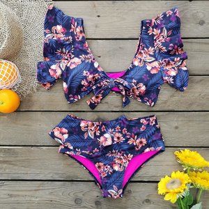 Women High Waist Bikini Set Ruffle Shoulder